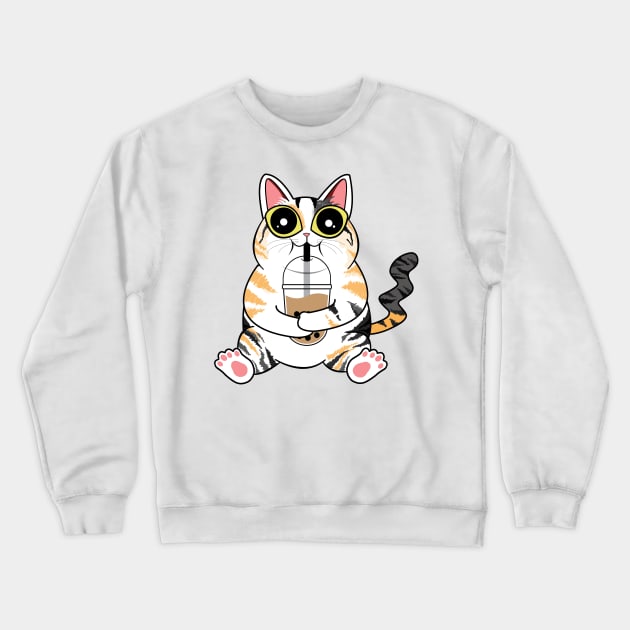 Boba Drinking Cat | Calico Cat Crewneck Sweatshirt by leBoosh-Designs